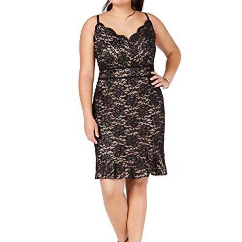 Trendy Plus Size Glitter Lace Bodycon Dress Black/Nude 24W